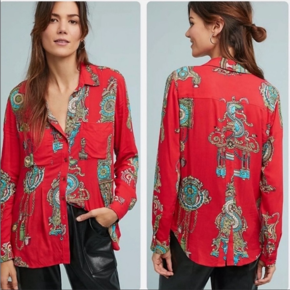 NWT Anthropologie Maeve Whimsy Red Antique Clock Button Down Shirt Blouse